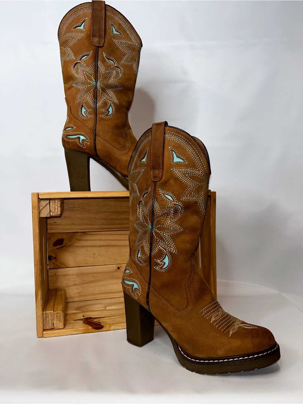 Roper Tan Suede Heeled Western Boots with Turquoise Stitching